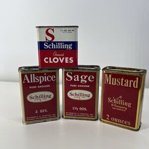 VTG Lot 4 Schilling Spice Tins 1930s-1950s Sage, Cloves, Mustard, Allspice
